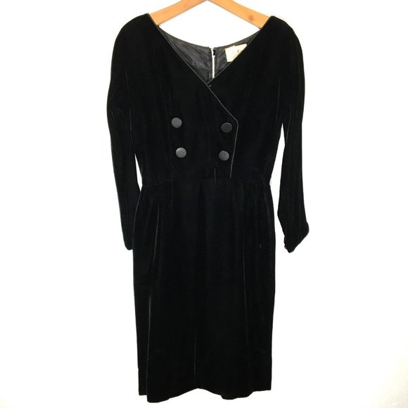 Vintage 50's Black Velvet Long Sleeve Cocktail Party Dress, LBD, 60's Wiggle - Picture 13 of 16